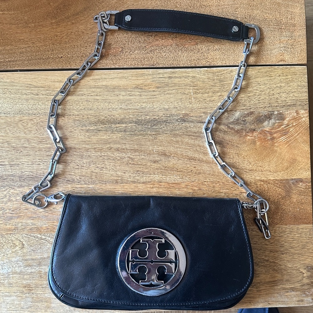 Tory Burch Black Leather Clutch with Silver Chain